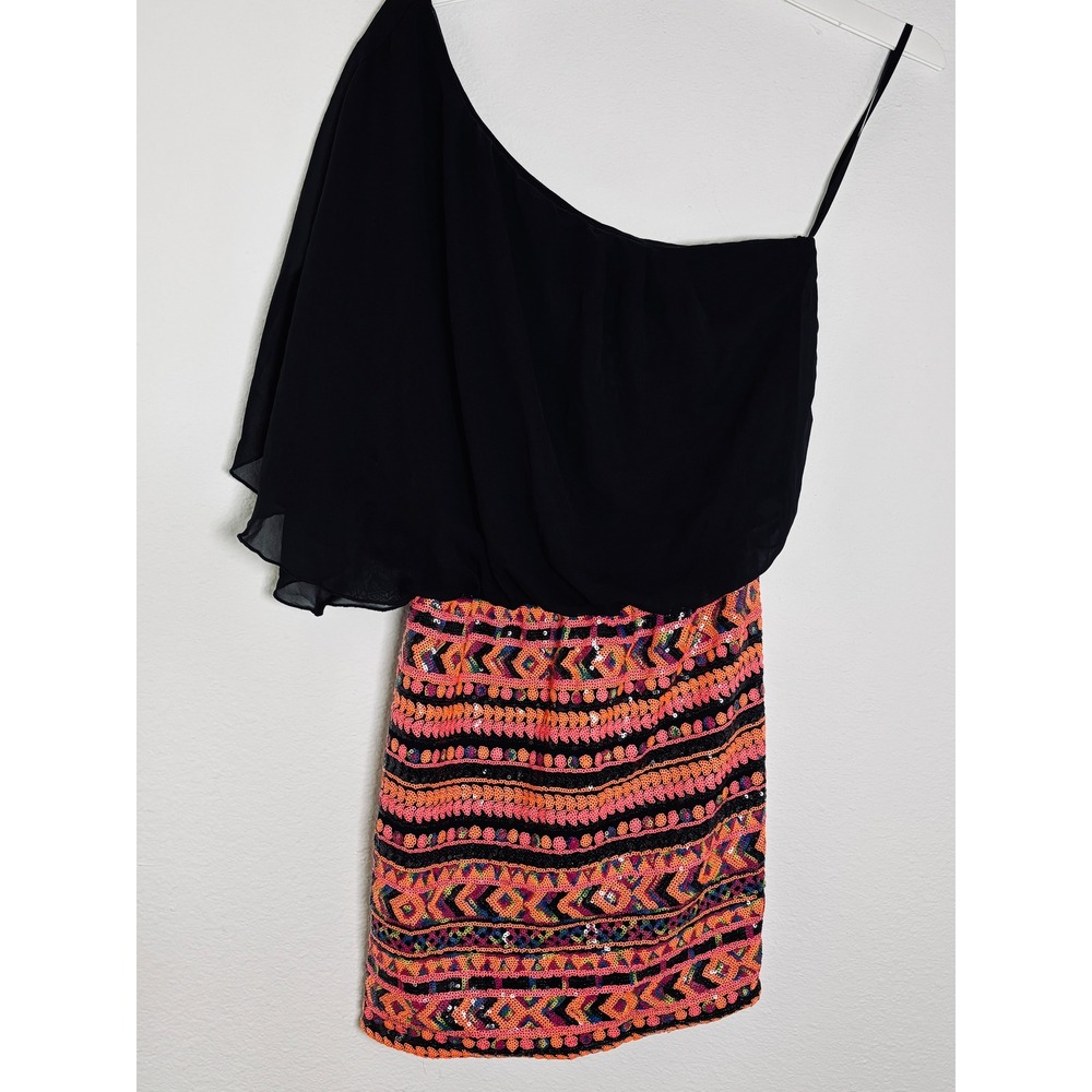 As U Wish One Shoulder Sequin Tribal Mini Dress Black Orange Pink Medium
